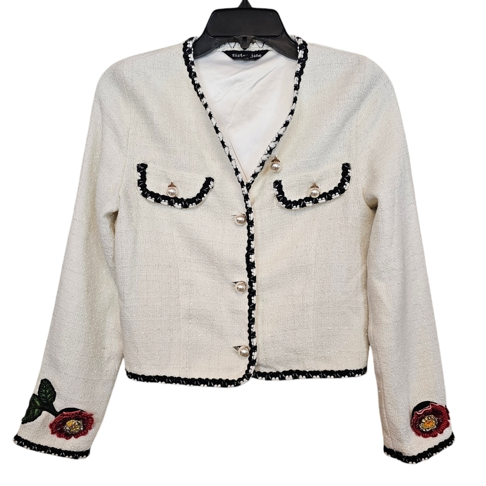 Sister Jane Cream Blazer with Floral Embroidery